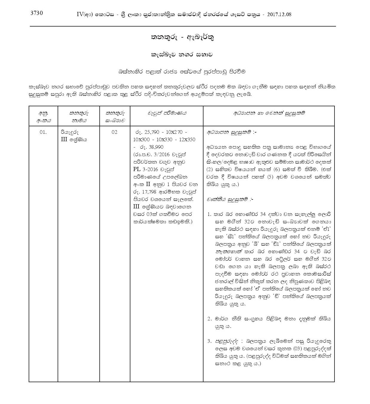 Driver, Machine Operator, Watcher, Work / Field Labourer, Sanitary Labourer - Kesbewa Municipal Council